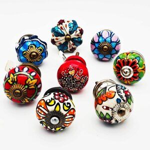 NWT World Market Hand-Painted Ceramic & 1 Wood Decorative Knobs – Set of 8